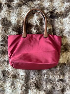 Red Tote Bag with Brown Handles - Women's Shoulder Bag